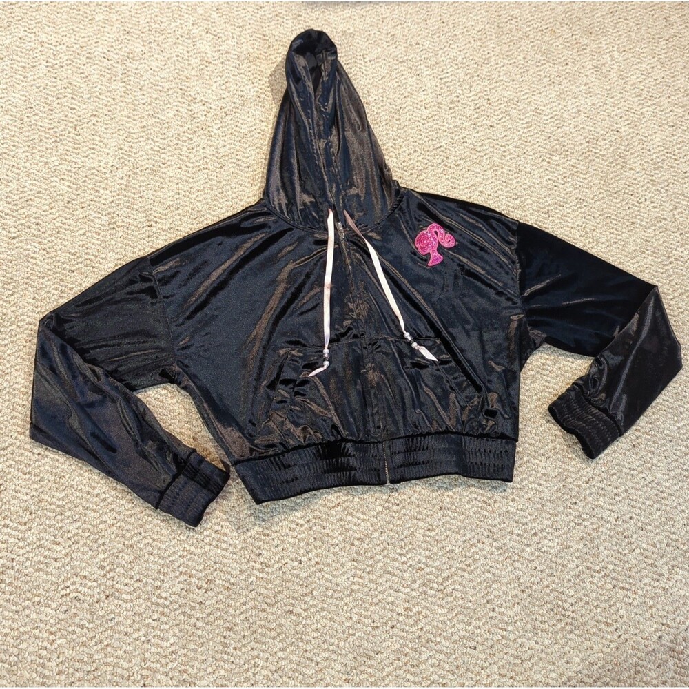 Garage Barbie Velvet Velour Zip Up Hoodie Sweatshirt Womens Large Black Beads